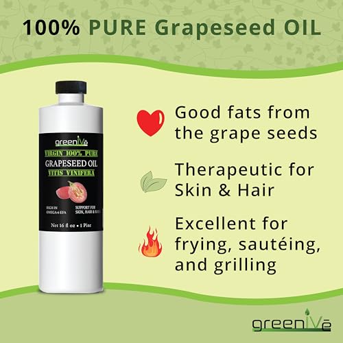 GreenIVe Grapeseed Oil Organically Grown 100% Pure Cold Pressed Light Flavor High Tempurature Cooking (16 Fl Oz)