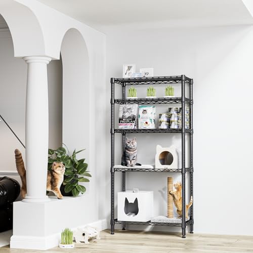 5-Tier Metal Storage Shelf Black - Heavy Duty Wire Rack Closet Organizer