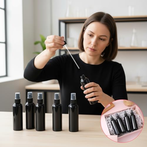 SHENLIU 30 Pack Black Empty Spray Bottles 4oz with Cap, Plastic Fine Mist Spraying Bottles Portable Small Refillable Sprayer Liquid Container for Perfume Cleaning Essential Oil