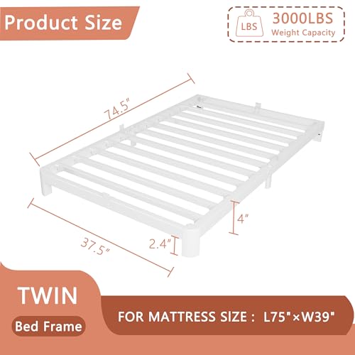 Twin 4-Inch Bed Frame with Metal Slats, No Box Spring Needed, Heavy-Duty Steel Support, Noiseless, Round Corner, Pet & Baby Safe – HQU