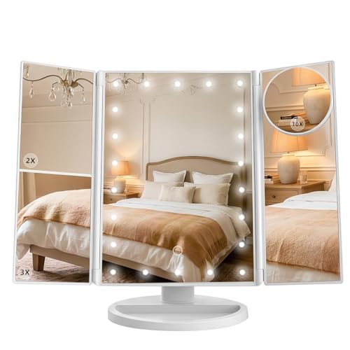 White Lighted Makeup Mirror with Magnification Tri-Fold LED Vanity Mirror