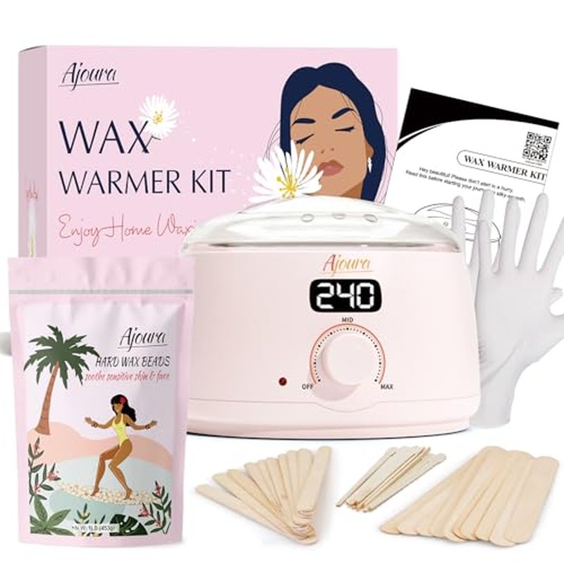 Ajoura 1lb Refill Wax Beans for Hair Removal Kit + Ajoura Digital Wax Warmer, 10 minutes Quick-Heat Hair Removal Kit with Precision Temp. Control
