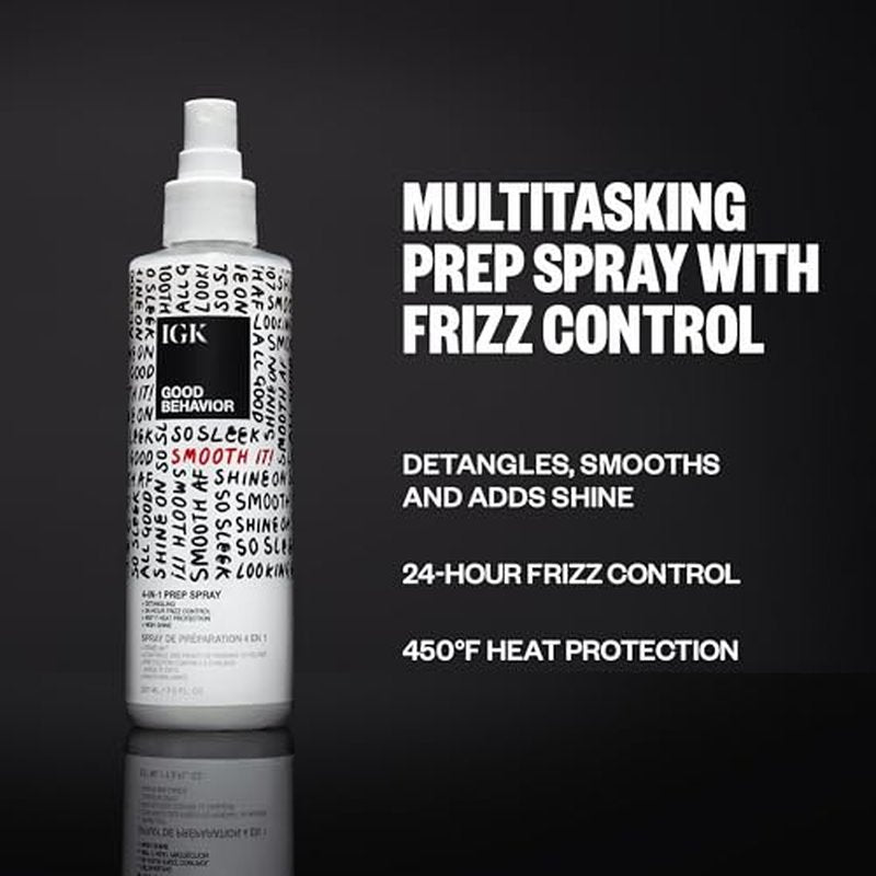 IGK GOOD BEHAVIOR 4-in-1 Prep Spray | Leave In + Detangle + Heat Protectant | Vegan + Cruelty Free | 7 Oz