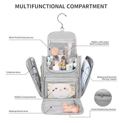 BOOMRICH Large Toiletry Bag for Women, Hanging Leather Travel Makeup Bag with 360¡Æ Hook and Shoulder Strap, Travel Organizer for Full Sized Container, Toiletries, Brushes (Grey)
