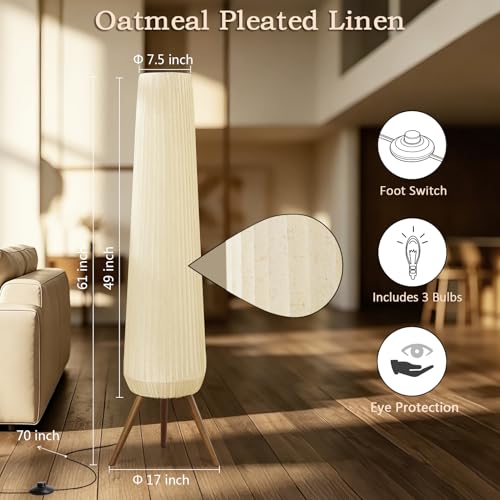 Oatmeal Fabric Pleated Floor Lamp with Walnut Wood Tripod Base - 61in Tall