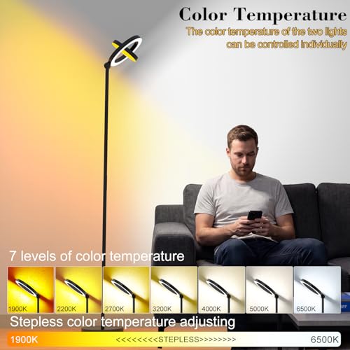 Black LED Floor Lamp 75.5 Inch Tall Dimmable Standing Lamp with Remote - Bright 2500lm Stepless Adjustable for Living Room & Office