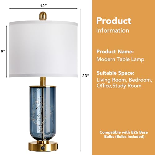 Blue Glass Table Lamps Set of 2 with Night Light and USB Ports - 23 Inch Modern Living Room Decor