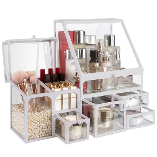 Glass Makeup Organizer Multi-Functional with Pearl Makeup Organizer with Drawers for Bathroom Vanity Organizer Skincare Lipstick Brushes