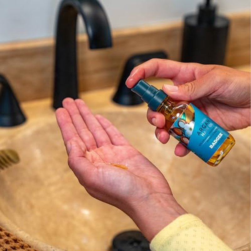 Badger Organic Argan Hair Oil, Restore a Healthy Shine to Dry Brittle Hair, Organic Moroccan Argan Oil Hair Moisturizer/Hair Serum, 2 fl oz Glass Bottle