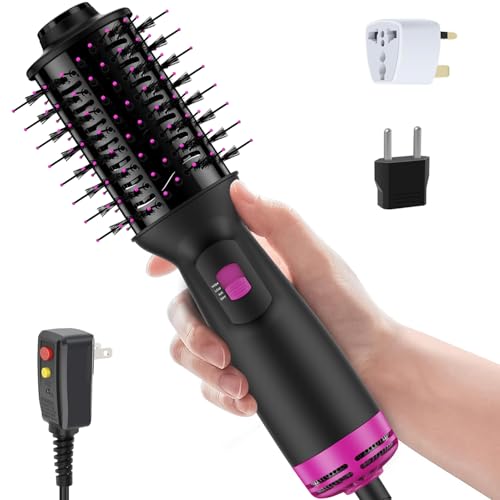 SHOSHE Black Pink Dual Voltage Mini Hair Dryer Brush with UK/EU Plug, All-in-One Volumizer & Styler