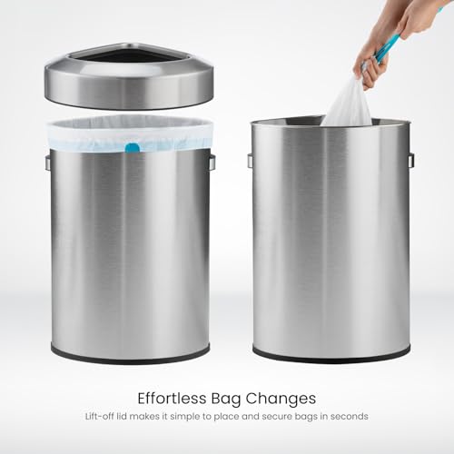 Commercial 16-Gallon Stainless Steel Trash Can with Open Top Lid - Brushed Silver, Triangular
