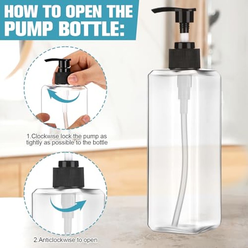 8 Pcs Empty Shampoo Bottles with Pump 16 Oz Plastic Soap Dispenser Refillable Body Wash Bottles for Bathroom, Kitchen Sink, Hotel, Salon(Transparent, Black)