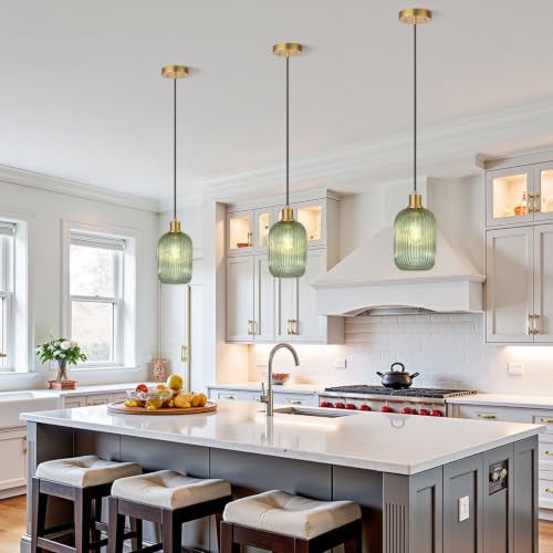 Vintage Green Ribbed Glass Pendant Light with Adjustable Brass Fixture for Kitchen Island