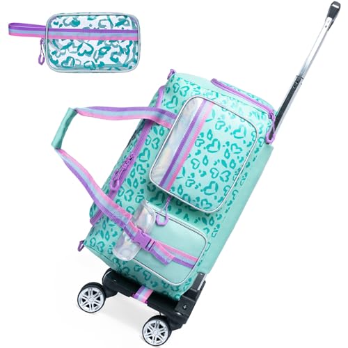 Kids Rolling Duffle Bag with Wheels for Girls - Travel & Dance Bag, Green Love