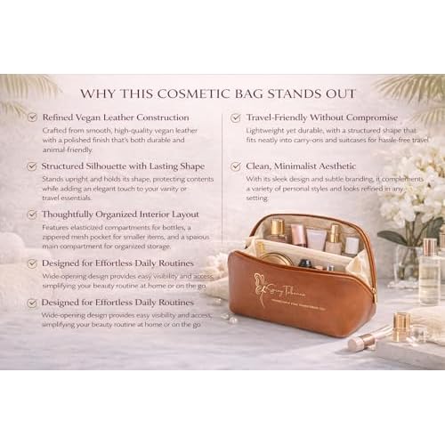 Travel Makeup Bag for Women ? Structured Vegan Leather Cosmetic Organizer with Compartments, Waterproof Toiletry Bag, Carry-On Friendly, Gift-Ready