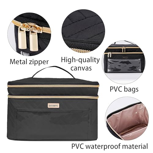 Large Travel Makeup Bag with Multiple Compartments and Brush Holder
