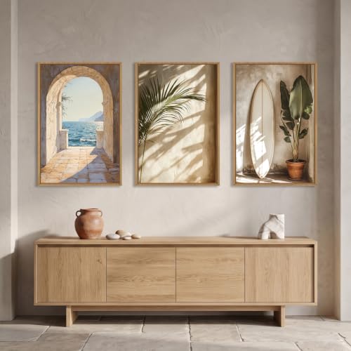 French Landscape Wall Art Set - 16x24 Inches, Coastal Beach Scene, Framed Canvas, 3 Piece