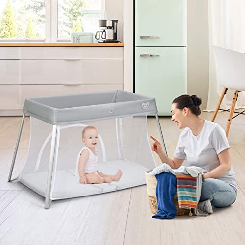 Silver Baby Joy 2-in-1 Travel Crib with Zipper, Portable Toddler Playpen