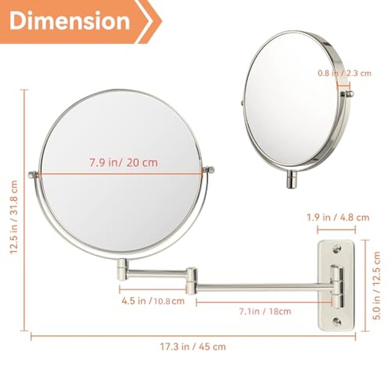 8" Extendable Bathroom Mirror Wall Mount with 1X/10X Magnification, 360¡Æ Swivel Double Sided Vanity & Shaving Mirror, Nickel Finish (No Light)