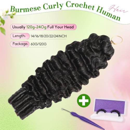 Human Crochet Hair for Black Women - Burmese Curly 16 Inch 60g Pre-Separated Feather Extensions - Natural Black