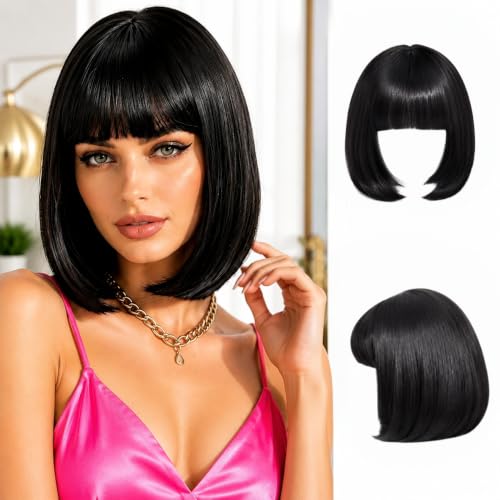 Black Short Bob Wig with Bangs - 12 Inch Synthetic Glueless Wig for Women - Amaattee