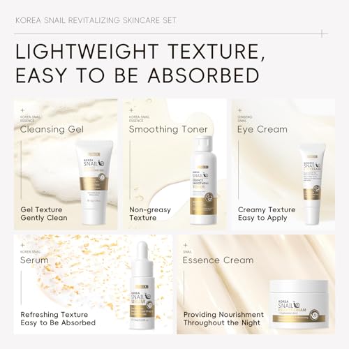 Korean Snail Essence Skin Care Kit,Skincare Gifts for Women,Include Gentle Cleanser,Toner,Eye Cream,Serum,Cream,Long-Lasting Moisturizing & Nourishing,Minimizes the Look of Wrinkles