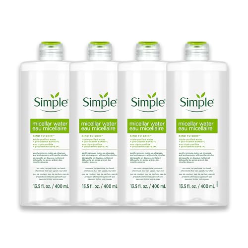 Simple Kind To Skin Micellar Water - Makeup Remover and Facial Cleanser - Face Cleanser with Pro-Vitamin B5, B3 and C - Vegan, No Perfumes - 4 pc
