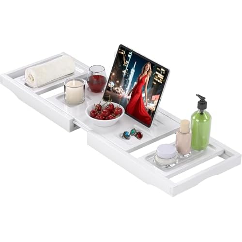 Bathtub Tray Caddy,Premium Bamboo Expandable Bath Tub Trays Table, Foldable Bathroom Accessories,Great House Warming, Anniversary and Birthday Gifts,White