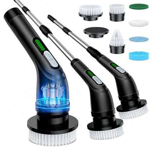 Electric Spin Scrubber, Powerful 2-Speed Cleaning Brush, IPX7 Waterproof with 7 Reusable Brush Heads & Extendable Handle, for Bathroom Toilet Shower Kitchen Wall Tile Floor Grout (Black)