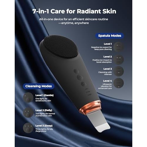 Facial Cleansing Brush & Massager, 2 in 1 Facial Skin Scrubber Waterproof and Rechargeable Face Scrub for Deep Cleansing Vibrating Exfoliator Scrubber Skin Care with 7 Modes,Gentle Exfoliating - Black