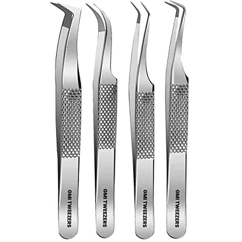 GMI Lash Tweezers ? Pack of 4 Stainless Steel Fiber Tip Eyelash Extension Tweezers