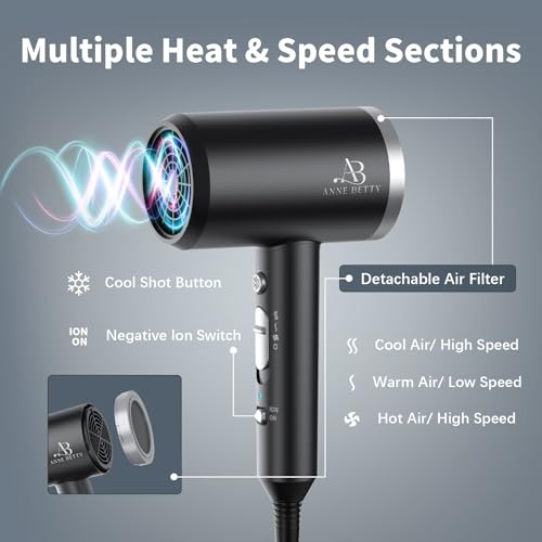 Ionic Hair Dryer with Diffuser - 1800W Lightweight Blow Dryer for Women & Men - Silver/Matte Black