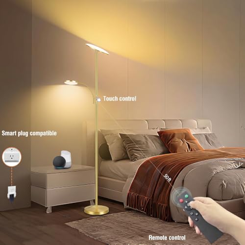 Brushed Gold Floor Lamp with Articulated Reading Light - 44W/4500LM Stepless Dimmable Standing Lamp for Living Room & Office
