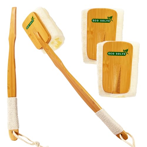 Natural Loofah Shower Scrubber w/Removable Bamboo Handle, Gentle Exfoliation, Long-Ergonomic Handle w/Hemp Rope Grip, Extra Loofah Included for Close Washing, Plastic-Free, Eco-Friendly