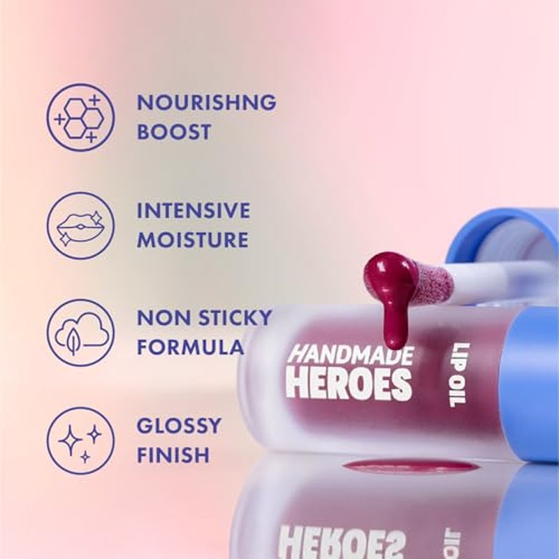 Handmade Heroes 100% Natural Vegan Lip Oil with Squalane Non-Sticky Lip Gloss Moisturizing, Shiny, Nourishing Korean Lip Gloss - Sweet Beet