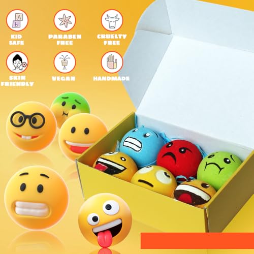 Large Emoji Face Bath Bombs Set of 12 – Handmade Spa Fizzies with Shea & Essential Oils