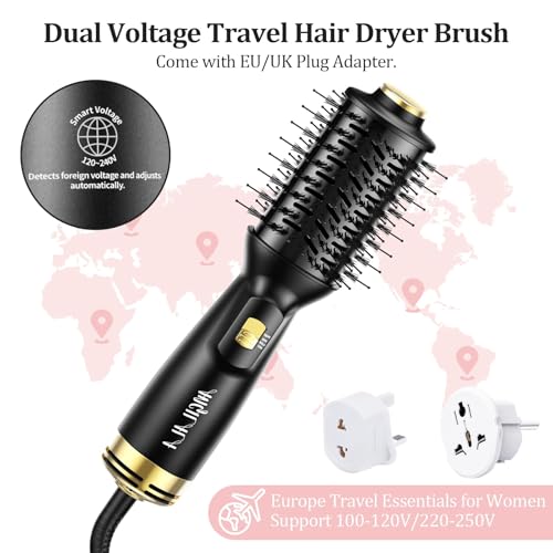 Mini Dual Voltage Hair Dryer Brush with European Plug Adapter - Black, Travel Size