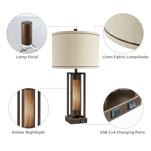 Farmhouse Table Lamps Set of 2 with USB C+A Ports - Brown
