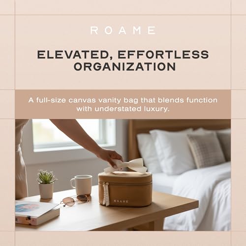 Roame Everyday Vanity Bag ? Elegant Canvas Cosmetic Travel Bag with Zipper, Spacious Toiletry Organizer & Makeup Pouch for Women ? Stylish Daily Companion for Life at Home or On-the-Go