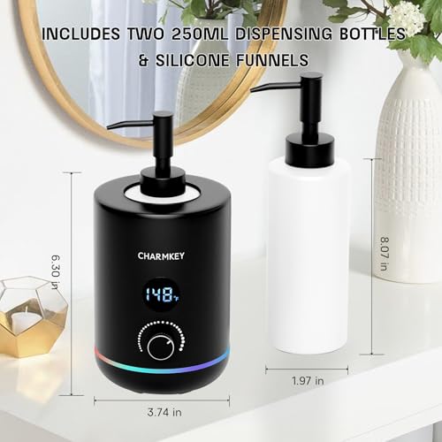 CHARMKEY Massage Oil Warmer Black, 2 Oil Bottle Dispensers & 2 Silicone Funnels, Digital Heater for SPA, Oil Lotion Cream for Salon, Barber Shops, Home