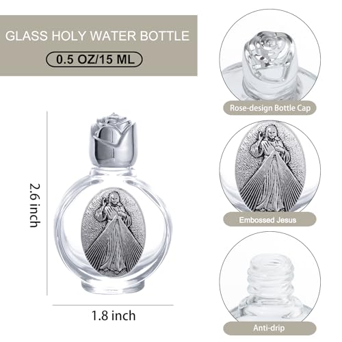 KOMI 12PCS Glass Holy Water Bottle 0.5 floz Mini Holy Water Container with Embossed Divine Mercy Jesus Christ Religious Empty Travel Bottle Church Catholic Gifts