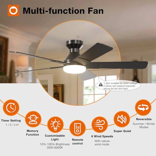 Black 52 Inch Modern Low Profile Ceiling Fan with Lights & Remote - addlon