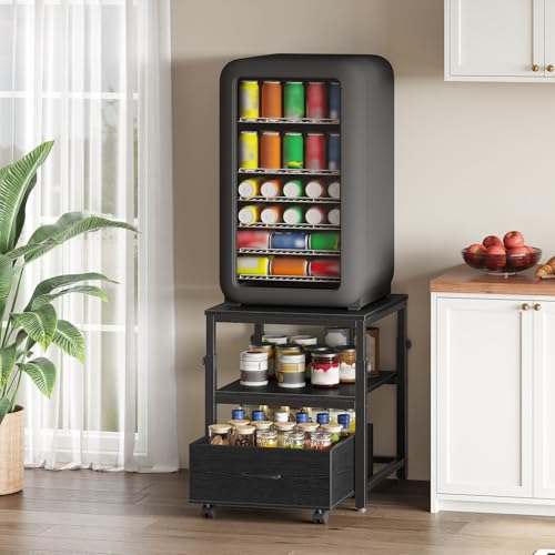 Mini Fridge Stand with Storage Basket - Height-Adjustable, Wheels & Feet - Black - HOOBRO BB455BX01