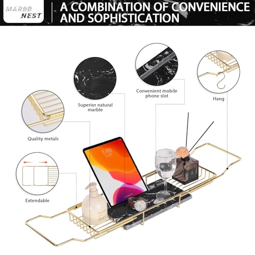 Bathtub Tray Caddy for Luxury Bath Expandable Extra Wide Bath Tub Tray with Natural Marble Tray and Mobile/Tablet Stand, Ideal for Home Spa Lovers (Gold + Black)