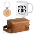 3 Pcs Easter Man of God Theme Gift for Men Christian 11.2oz Inspirational Coffee Mug Religious Bible Verse Leather Toiletry Bag Scripture Keychain for Dad Pastor Church Gift(Classic Color)