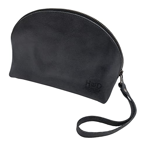 Hide & Drink Charcoal Black Leather Travel Makeup Organizer with Hand Strap