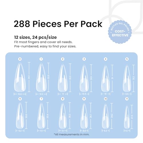 Beetles Gel Nail Tips Stiletto Medium, 288Pcs 12 Sizes Pre-Etched Half Matte Full Cover Soft Acrylic False Nail Tips Pre-Shaped Easy DIY Etch-X Nail Extension Salon Gift for Women