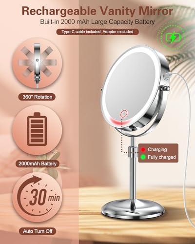 Benbilry Silver 7-Inch Lighted Makeup Mirror with 10X Magnification & Adjustable Height
