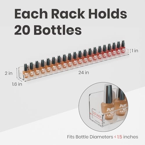 NIUBEE 24 Inches Nail Polish Rack Wall Mounted Shelf with Removable Anti-Slip End Inserts, Clear Acrylic Nail Polish Organizer Display 150 Bottles