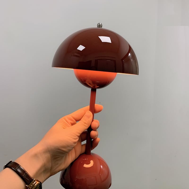 Cordless Rechargeable Flower Bud Mushroom Table Lamp - Brown Red, 12 Inch